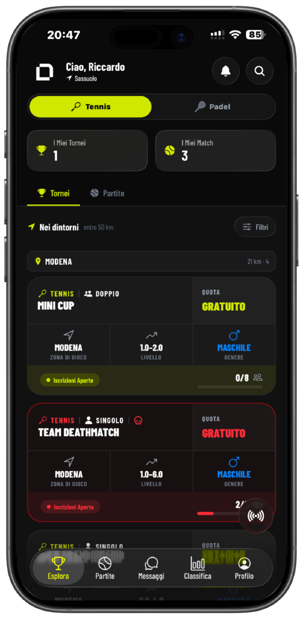 L'app Deuce su iPhone: la schermata con i tornei aperti nei dintorni