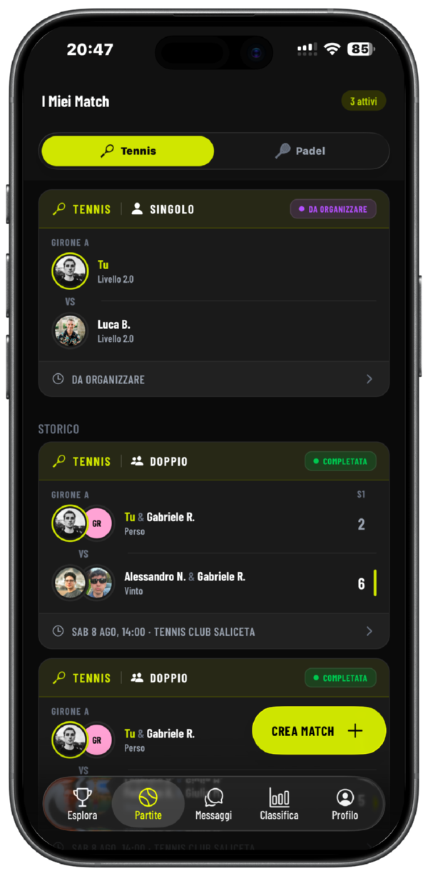 Schermata Partite dell'app Deuce: i match da giocare e lo storico